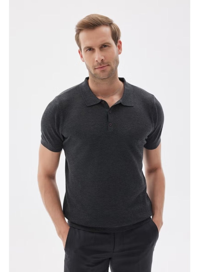Odelon Men's Polo Neck Jacquard Knitwear T-Shirt Anthracite - Image 1